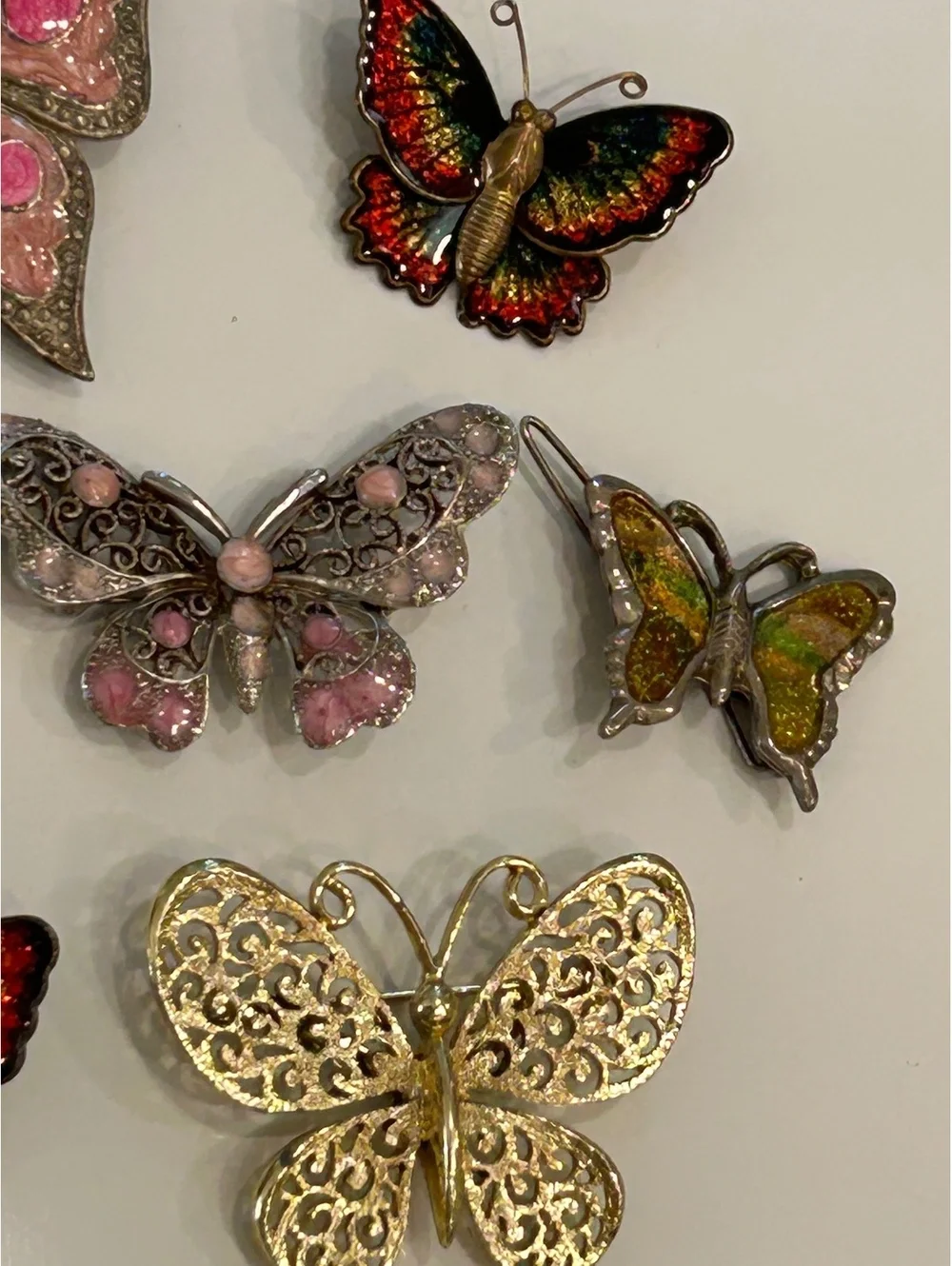 Vintage Butterfly Brooch Pin Lot 6 Pins 1 Hair Clip Enamel Filigree Rhinestone